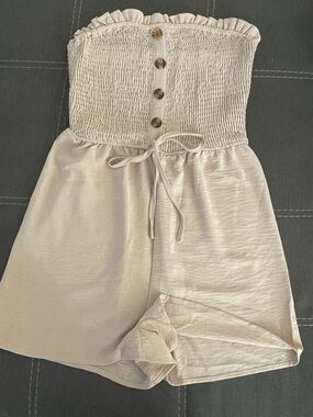 SHEIN Cream Smocked Waist Wide Leg Jumpsuit